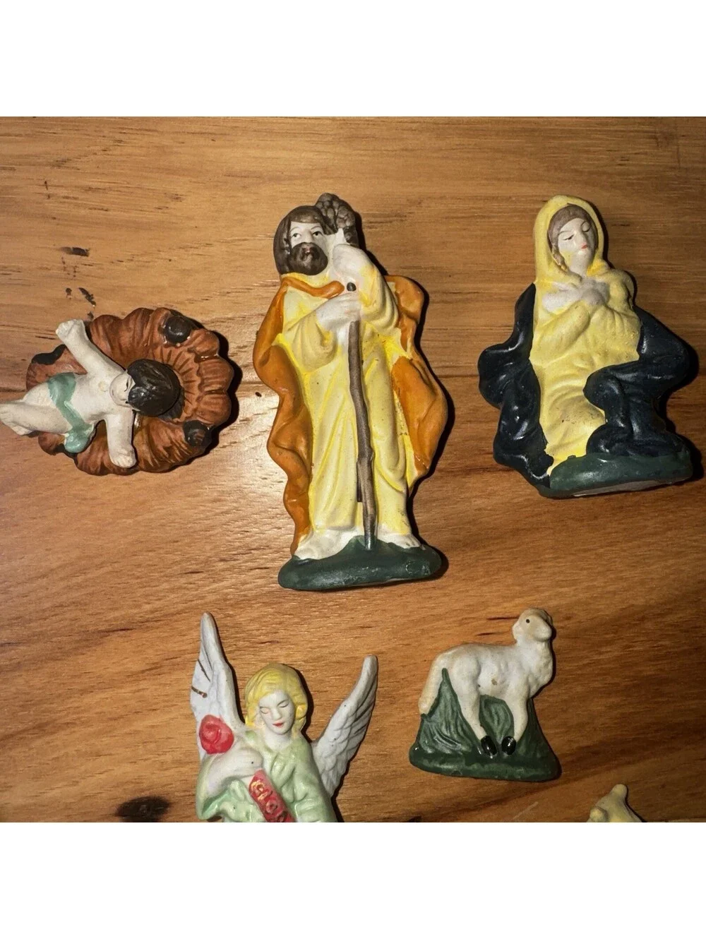 Vintage Nativity Set Italy Manger Scene Wood Stable 10 Pc Moss Ceramic Figurines